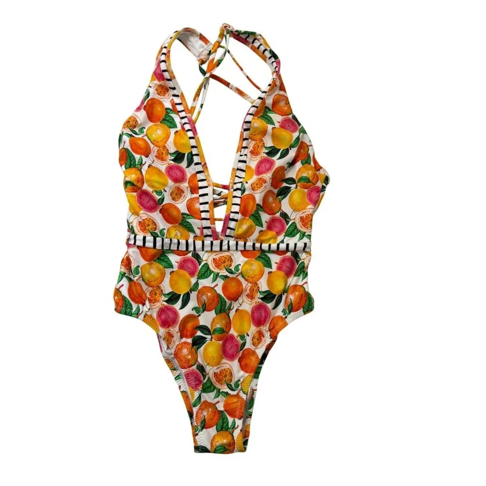 Nanette Lepore Tutti Fruitti Goddess Printed Plunge One-Piece Swimsuit Sz. 2 - Picture 1 of 8